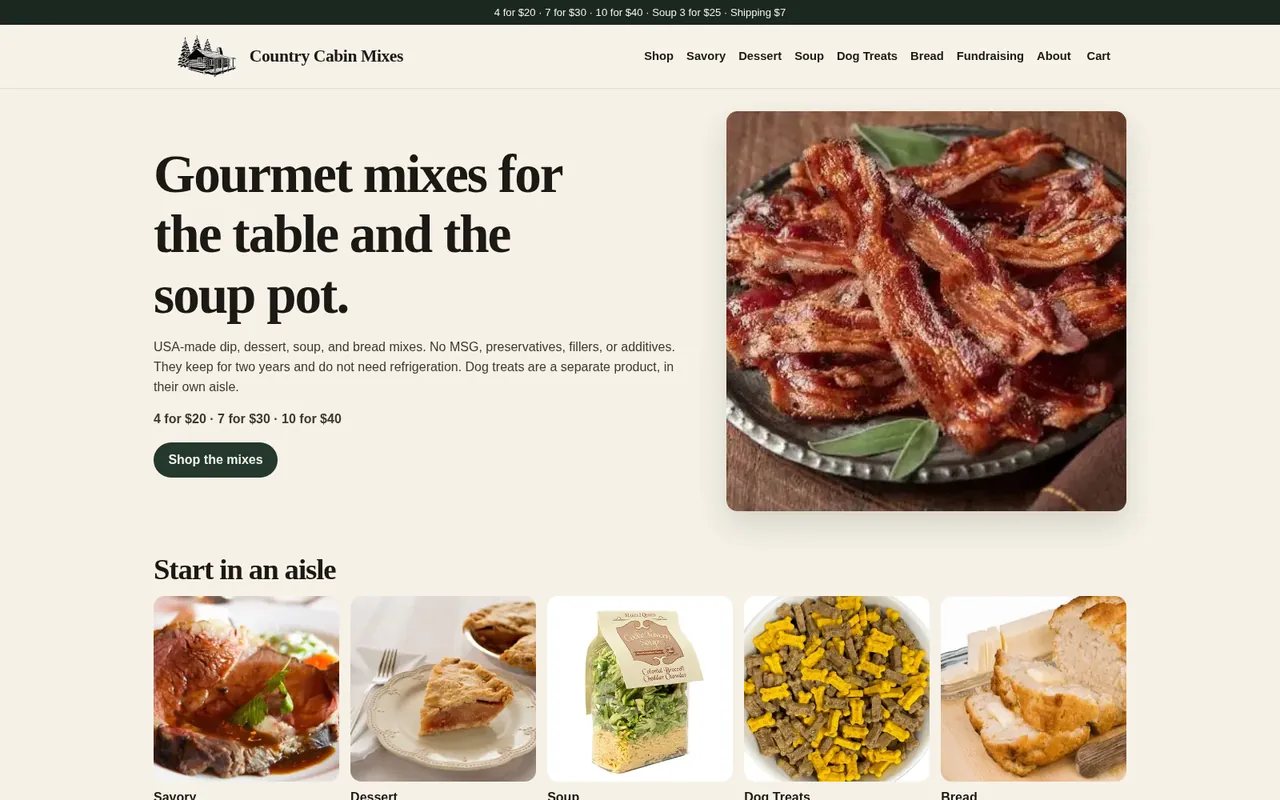 Country Cabin Mixes website, desktop